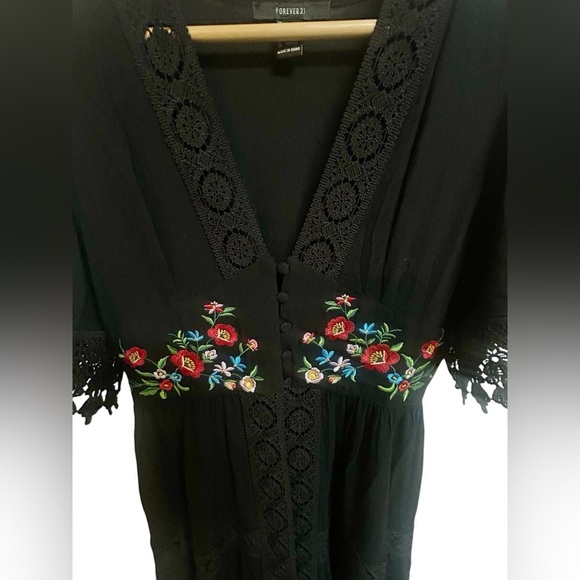 Floral Embroidered Duster Kimono Dress Womens S Black Whimsygoth Boho Lace - Picture 3 of 10